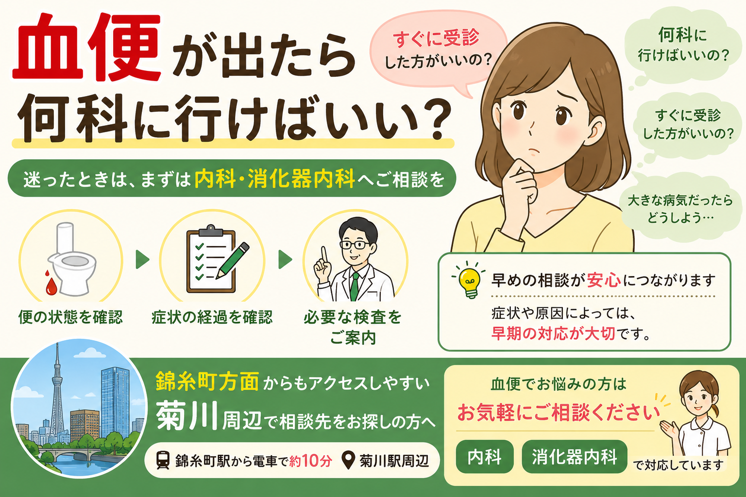 錦糸町方面で血便は何科に相談する？内科・消化器内科で確認したい受診目安
