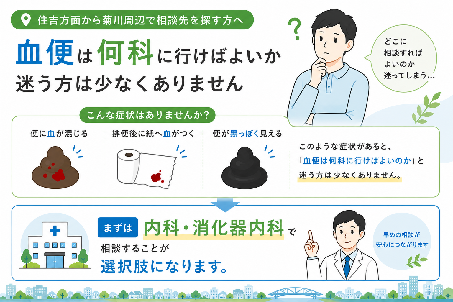 住吉方面で血便は何科に相談する？内科・消化器内科で確認したい症状と受診目安