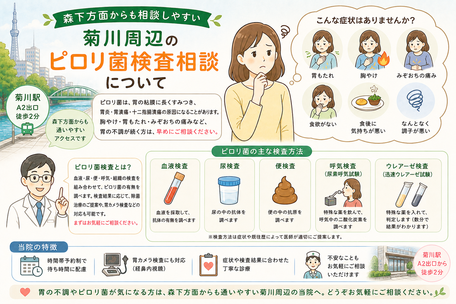 森下方面からも相談しやすい菊川周辺のピロリ菌検査相談｜菊川皮膚科・消化器内科クリニック