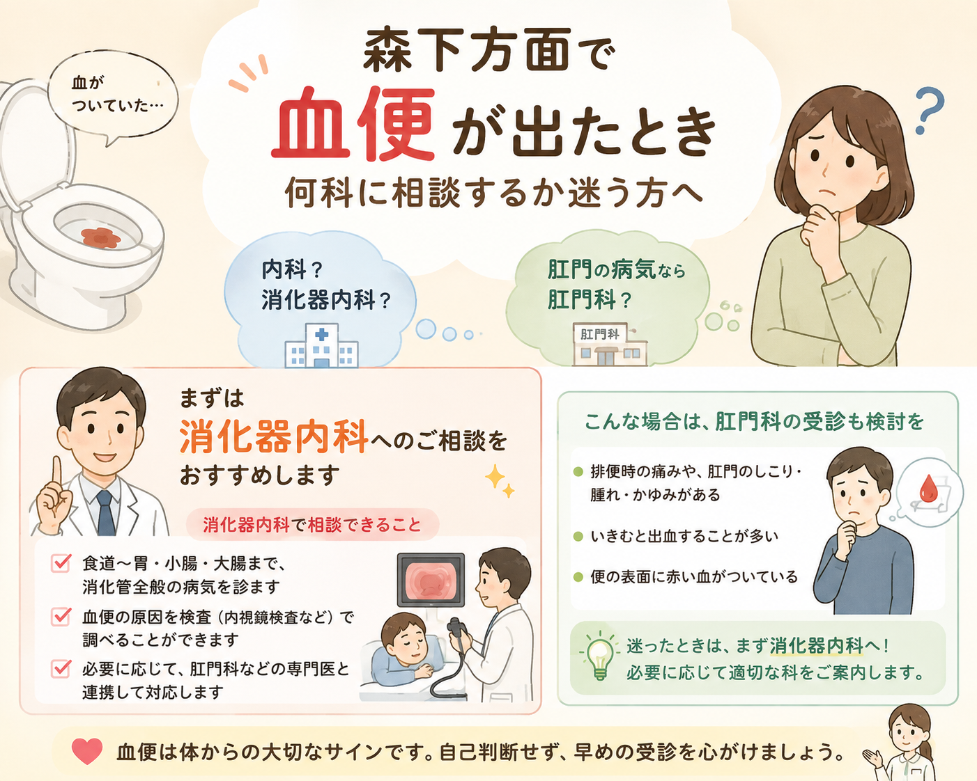 森下方面で血便が出たとき何科に相談するか迷う方へ｜菊川皮膚科・消化器内科クリニック