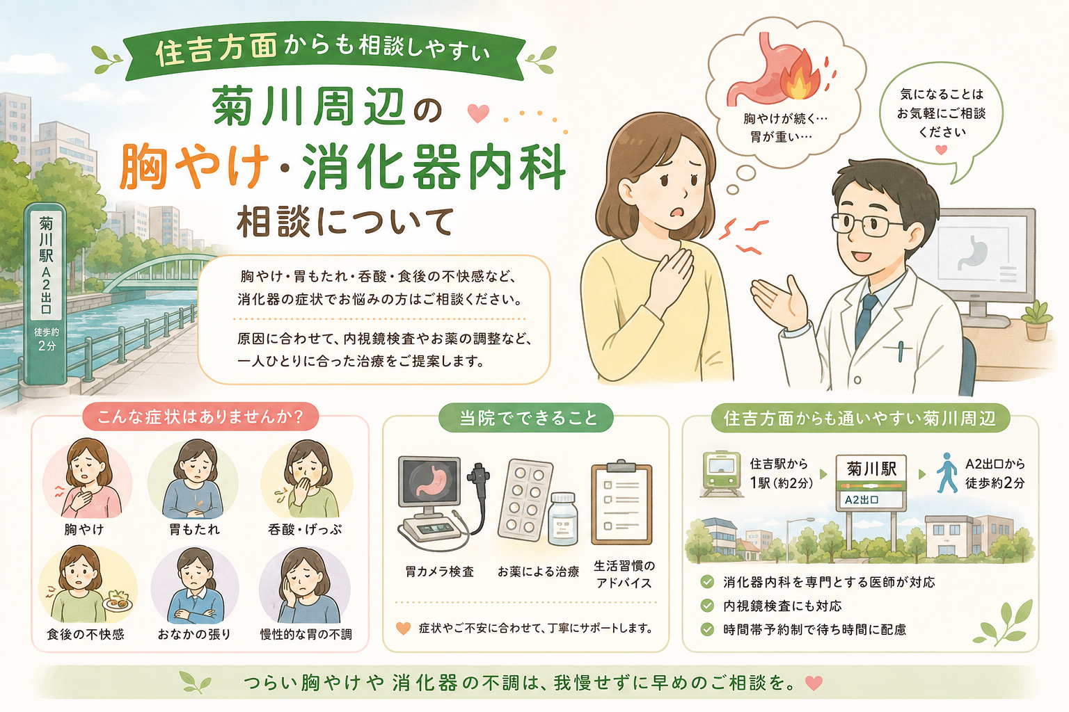 住吉方面からも相談しやすい菊川周辺の胸やけ・消化器内科相談｜菊川皮膚科・消化器内科クリニック